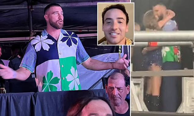 Travis Kelce in a clover-print J. Logan Home shirt at Taylor Swift's Eras Tour show