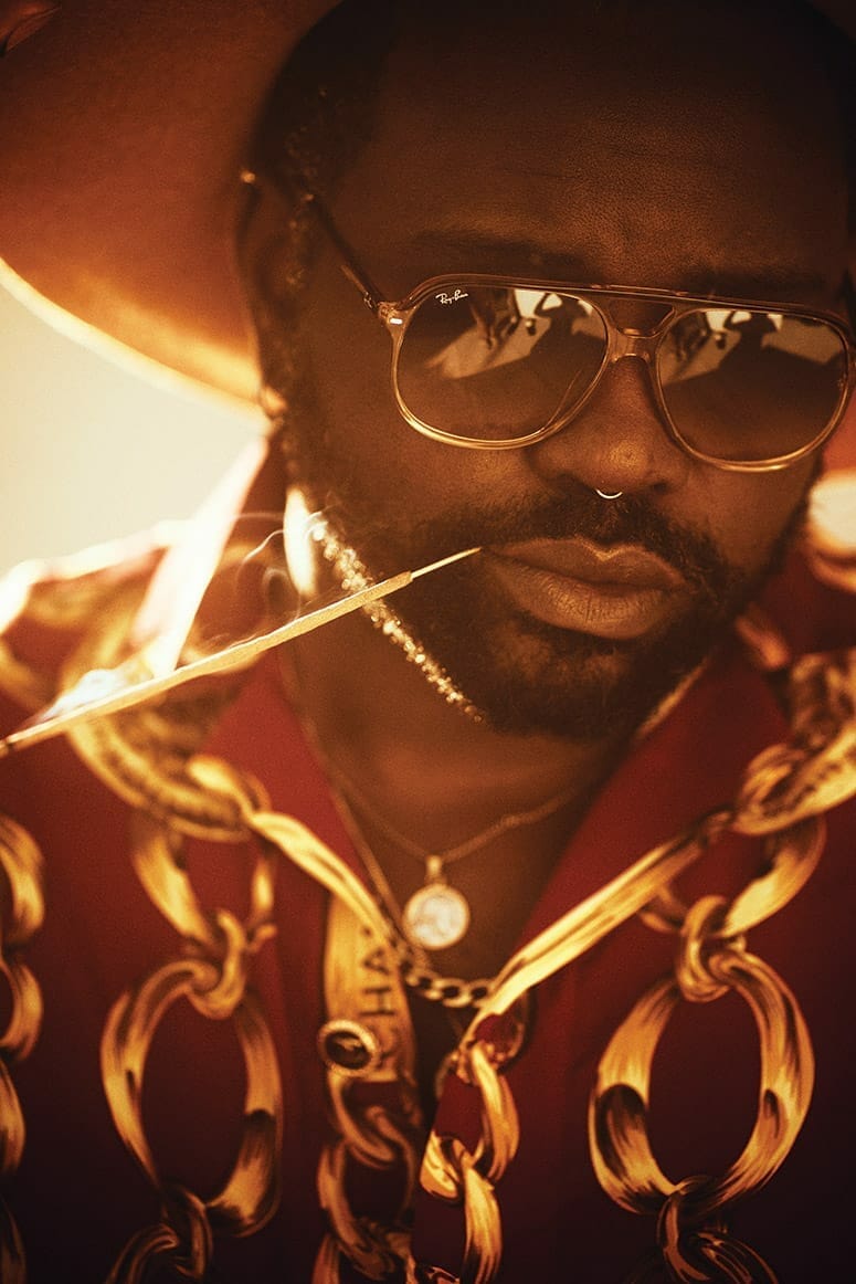 Brian Tyree Henry in a chain-print J. Logan Home Maison shirt
