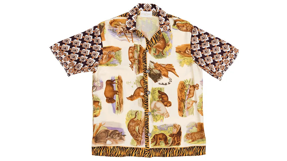 A J. Logan Home Maison shirt printed with wildlife illustrations and tiger-stripe trim