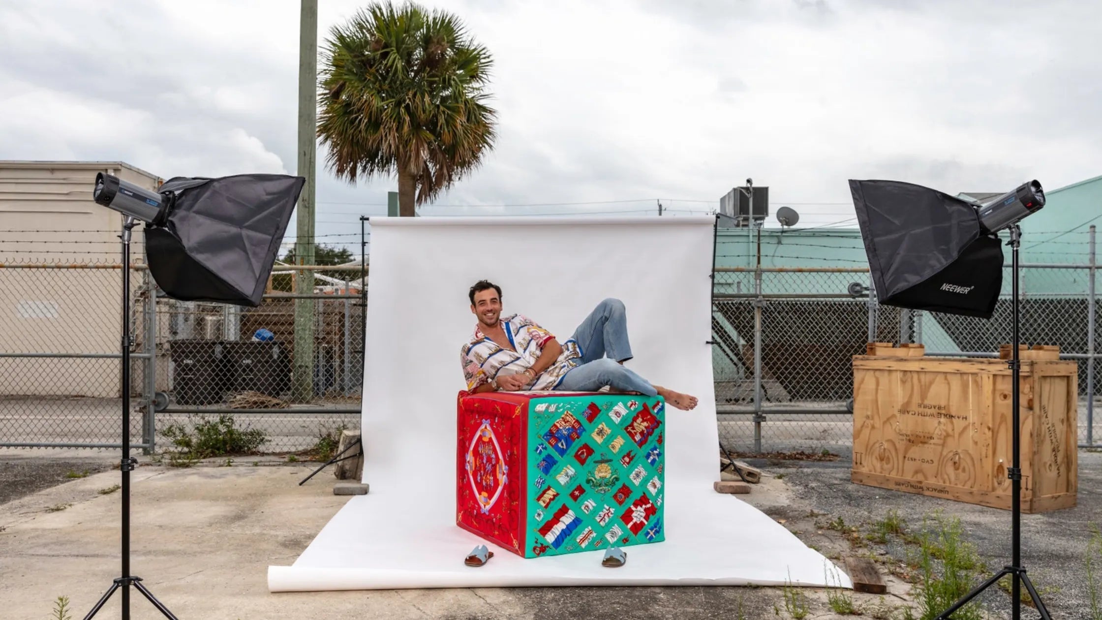 J. Logan Horne with an upholstered silk Block on a Palm Beach shoot