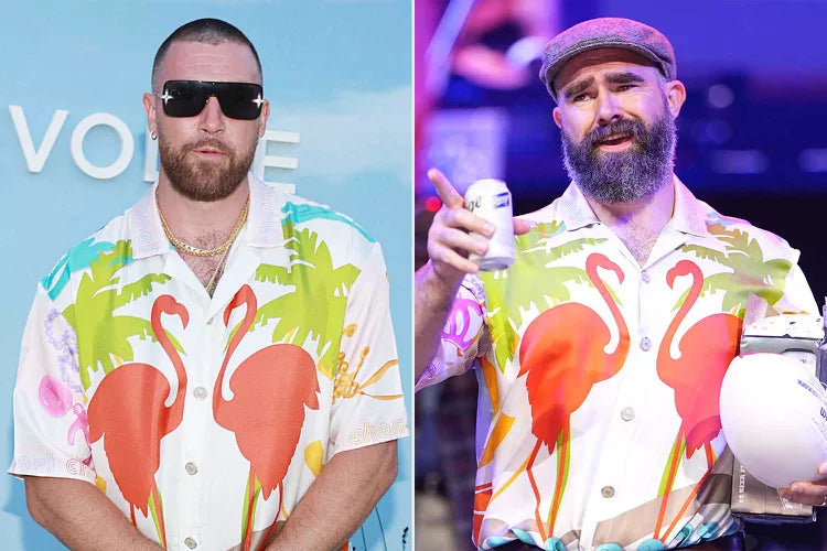 Travis and Jason Kelce each wearing the same flamingo-print J. Logan Home shirt
