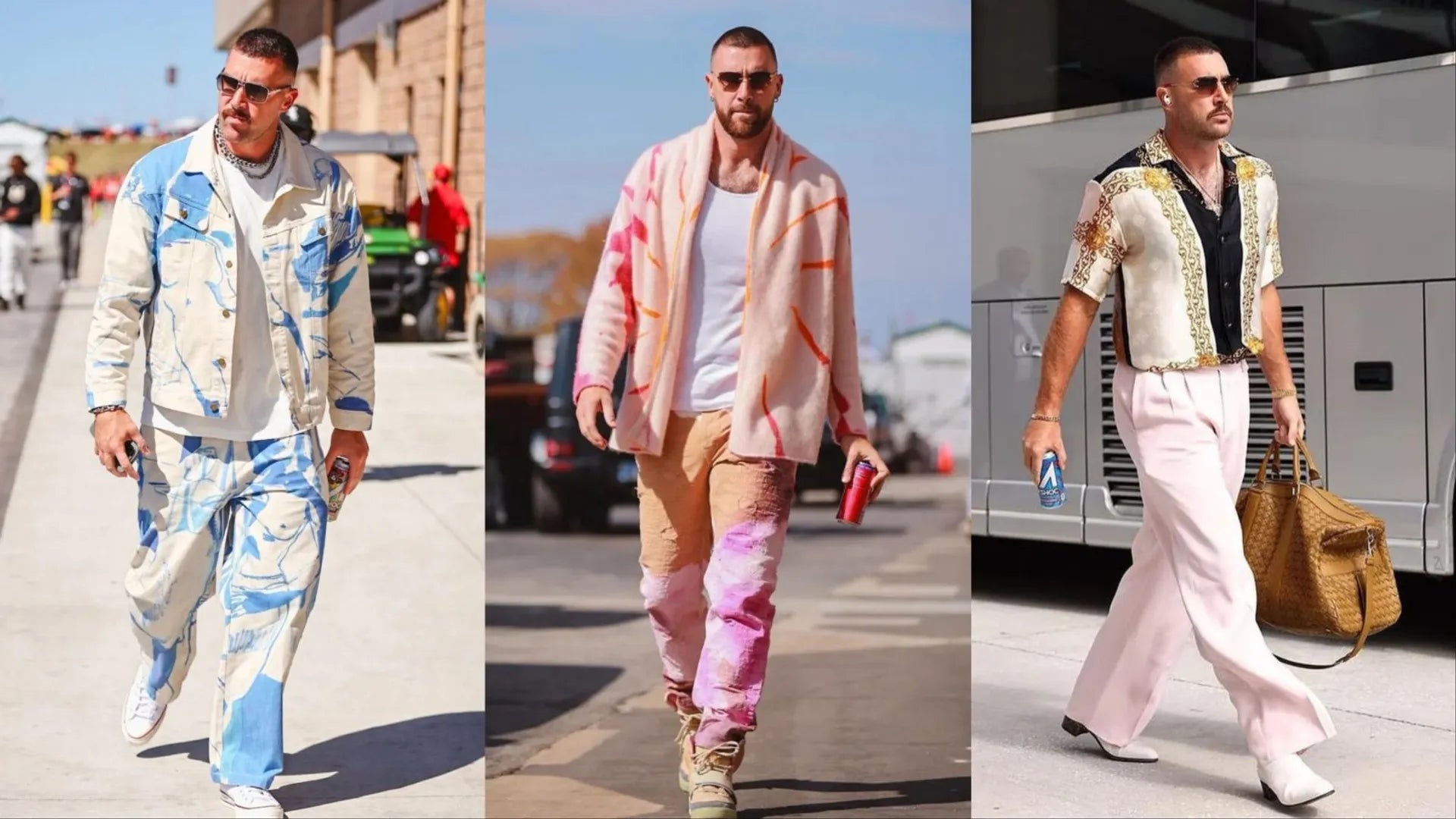 Three Travis Kelce game-day arrivals, the third in a gold chain-print J. Logan Home shirt
