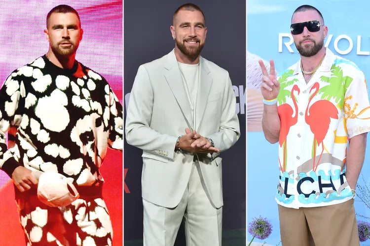 Three Travis Kelce looks, including the flamingo-print J. Logan Home shirt