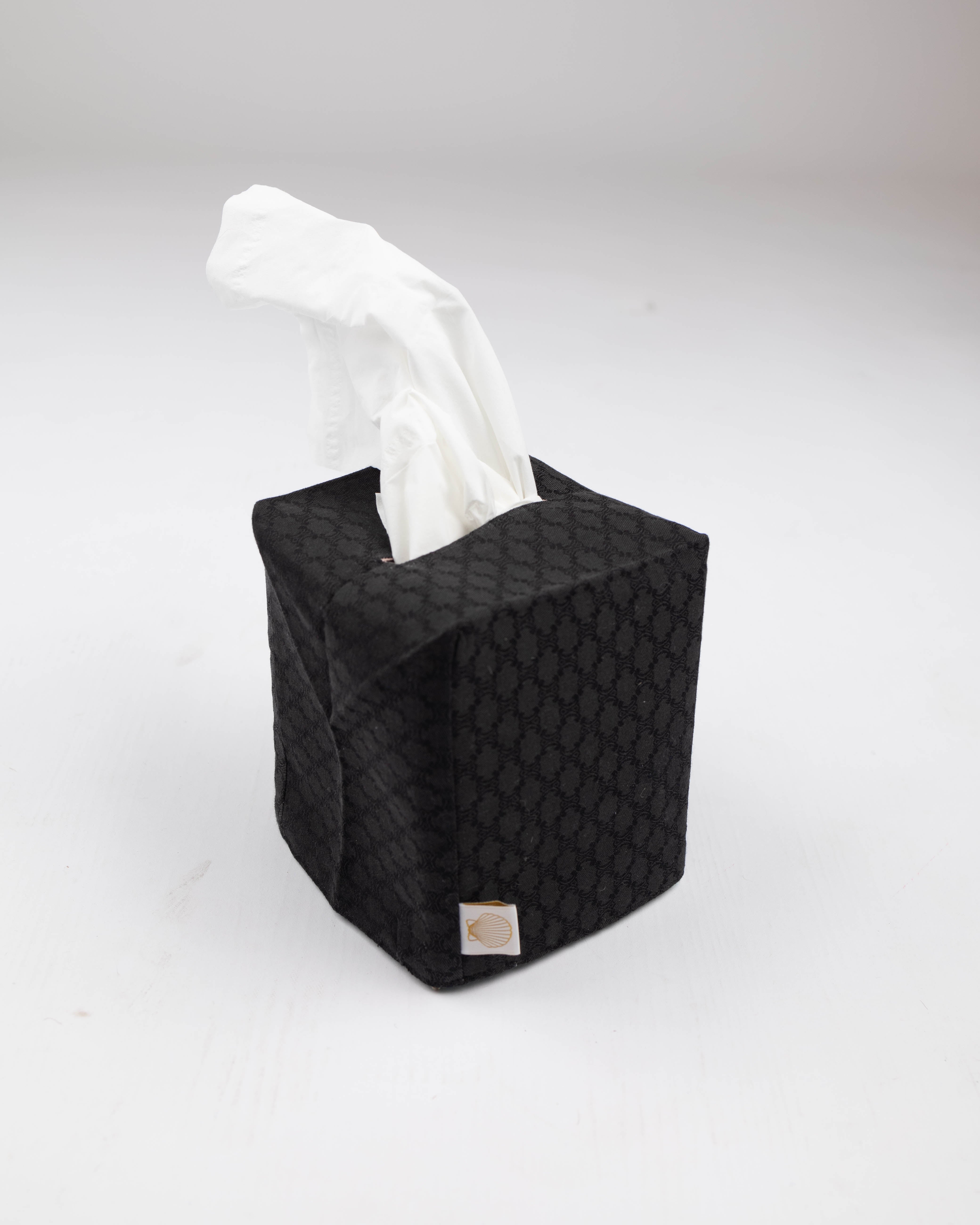 Black tonal tissue box cover, handmade by J. Logan Home in Palm Beach