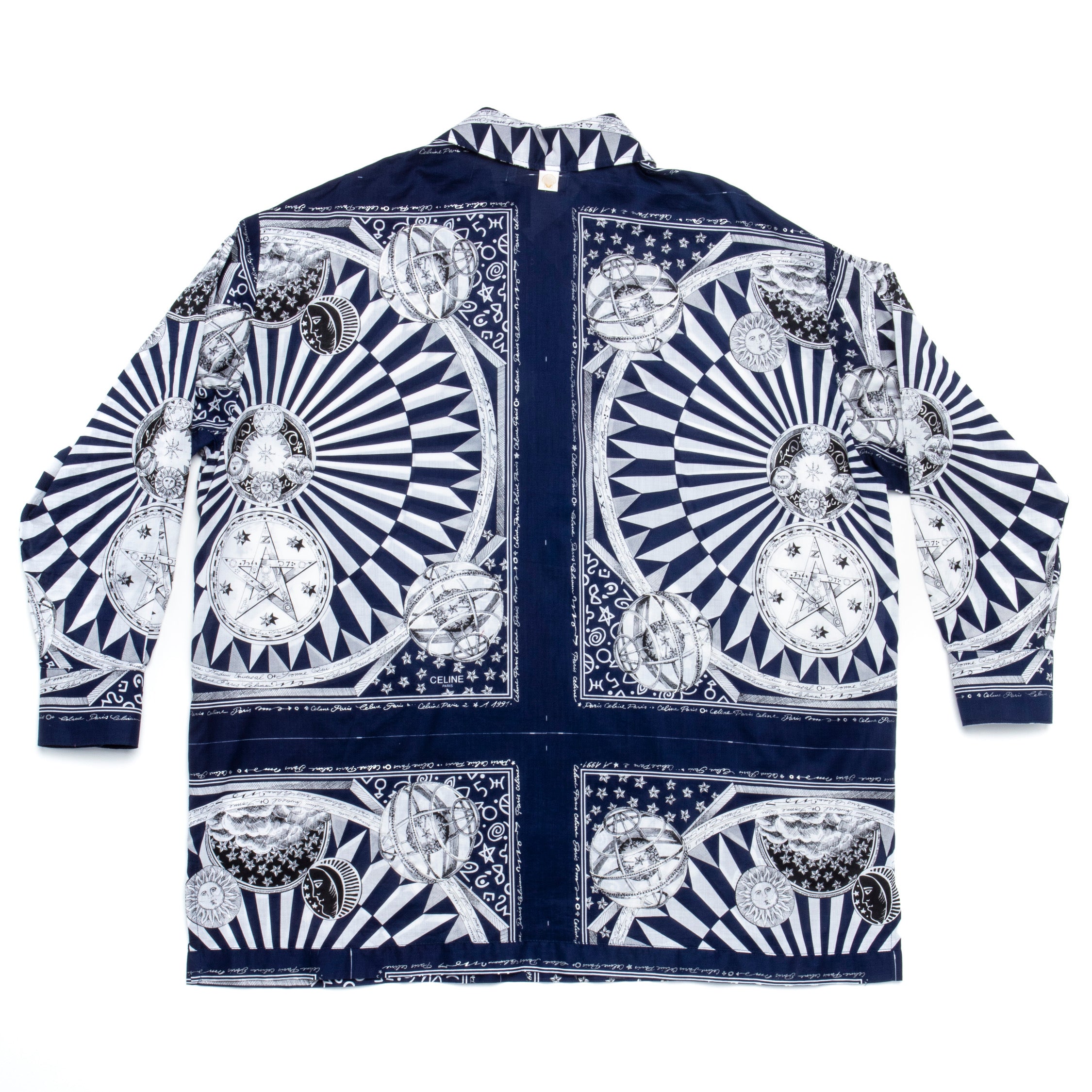 J. Logan Home The Robe Celestial Short - Back view of navy and white celestial print robe with sun, moon, stars and astronomical motifs