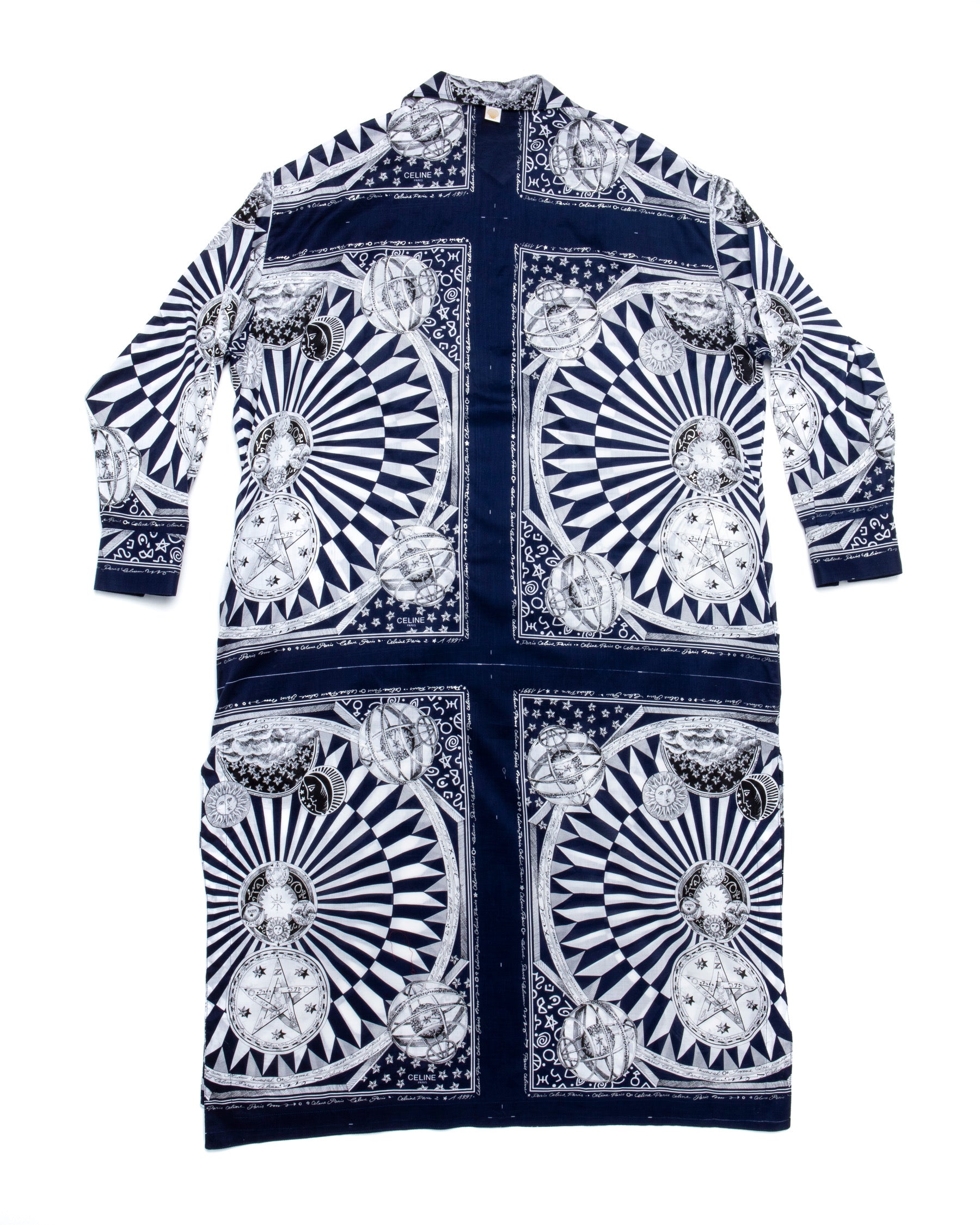 J. Logan Home The Robe Celestial Long - Back view of navy and white celestial print robe with radiating sun, moon, stars and astronomical motifs