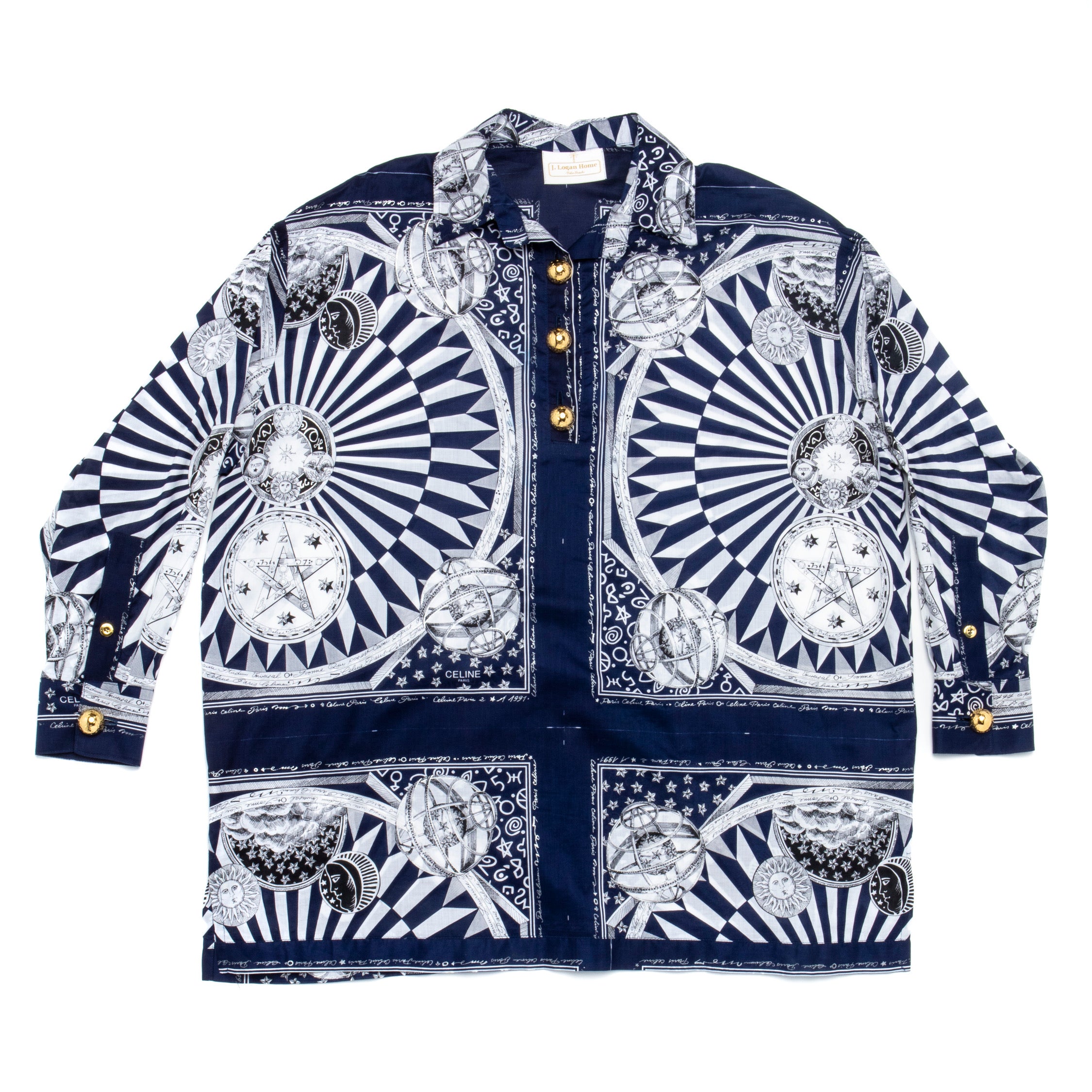 J. Logan Home The Robe Celestial Short - Front view of navy and white celestial print robe with gold buttons, sun, moon, stars and astronomical motifs