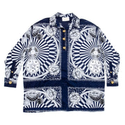 J. Logan Home The Robe Celestial Short - Front view of navy and white celestial print robe with gold buttons, sun, moon, stars and astronomical motifs
