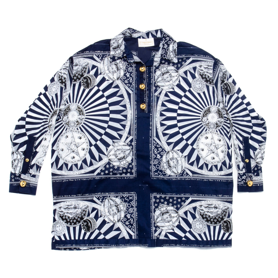 J. Logan Home The Robe Celestial Short - Front view of navy and white celestial print robe with gold buttons, sun, moon, stars and astronomical motifs