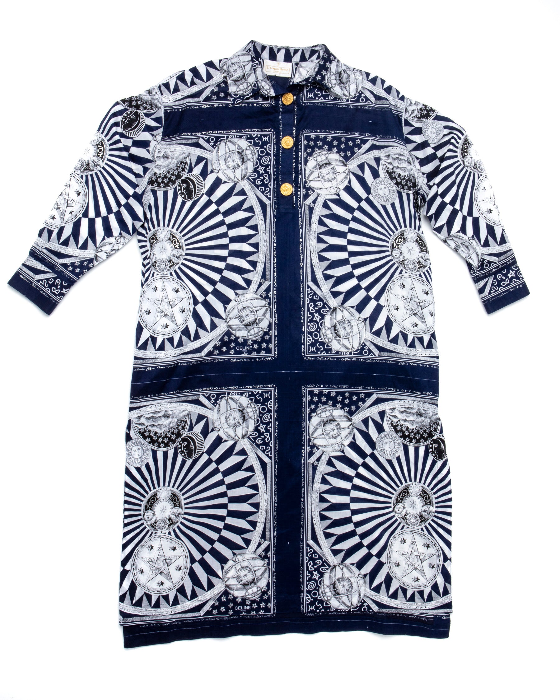J. Logan Home The Robe Celestial Long - Front view of navy and white celestial print robe with sun, moon, stars and astronomical motifs